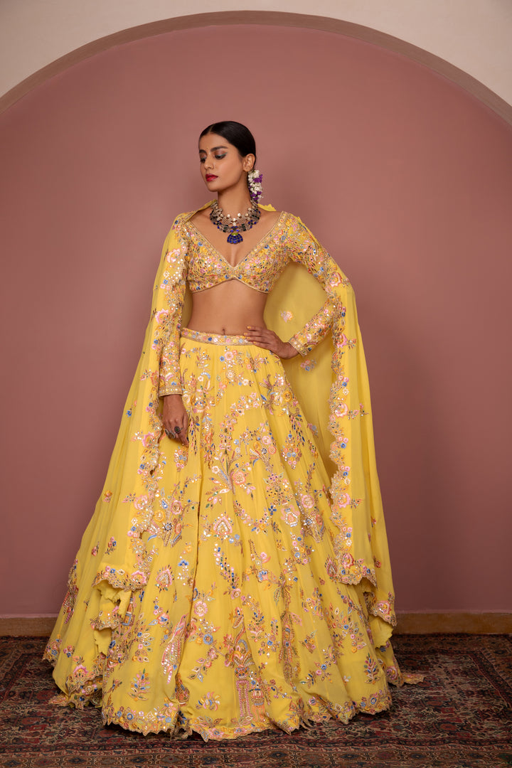 YELLOW GEORGETTE FLORAL LEHENGA