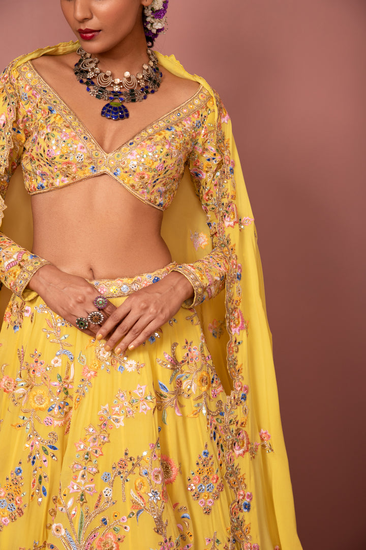 YELLOW GEORGETTE FLORAL LEHENGA