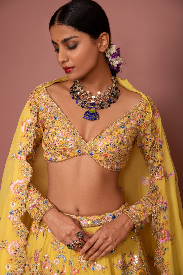 YELLOW GEORGETTE FLORAL LEHENGA