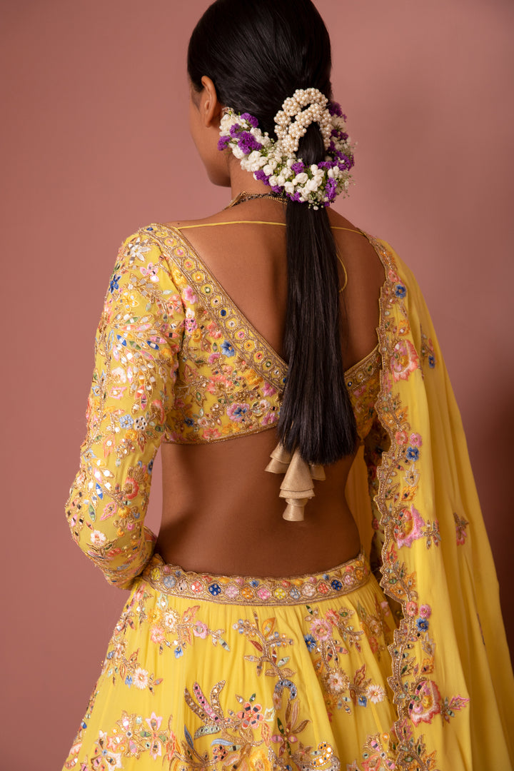 YELLOW GEORGETTE FLORAL LEHENGA