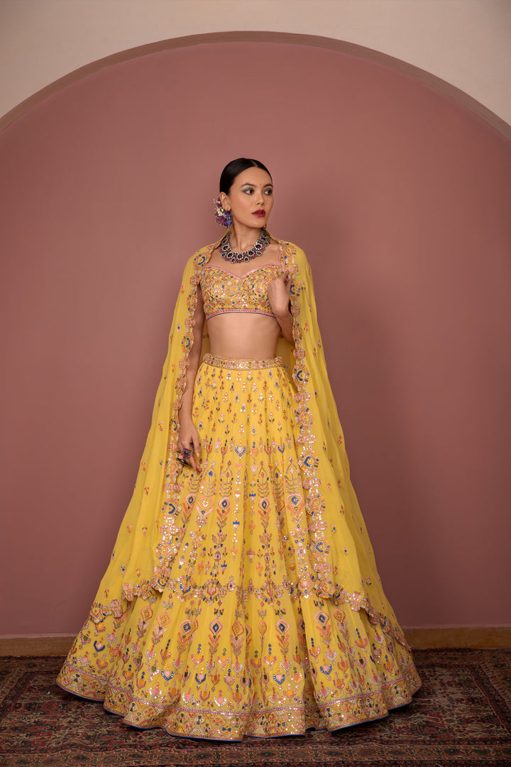 YELLOW GEORGETTE AZTEK LEHENGA