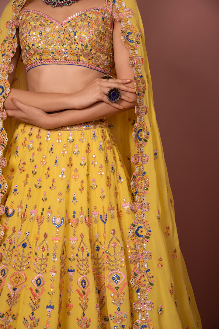 YELLOW GEORGETTE AZTEK LEHENGA