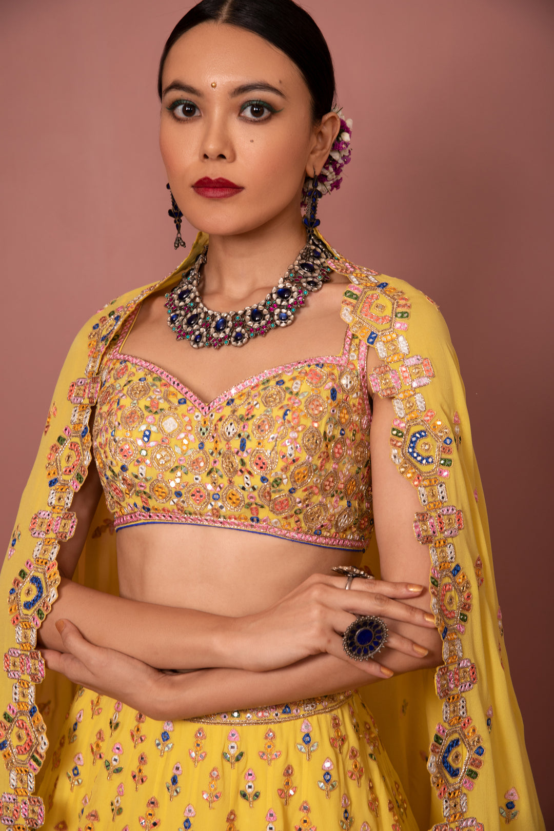 YELLOW GEORGETTE AZTEK LEHENGA