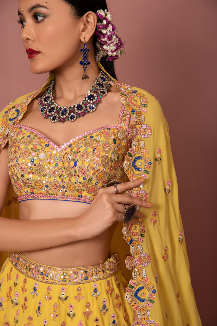 YELLOW GEORGETTE AZTEK LEHENGA