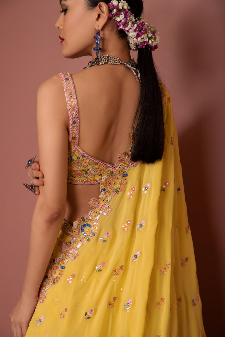 YELLOW GEORGETTE AZTEK LEHENGA