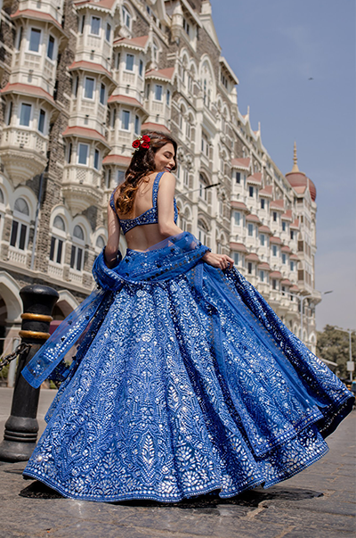 Maia Sethna In Blue Foil Net Lehenga