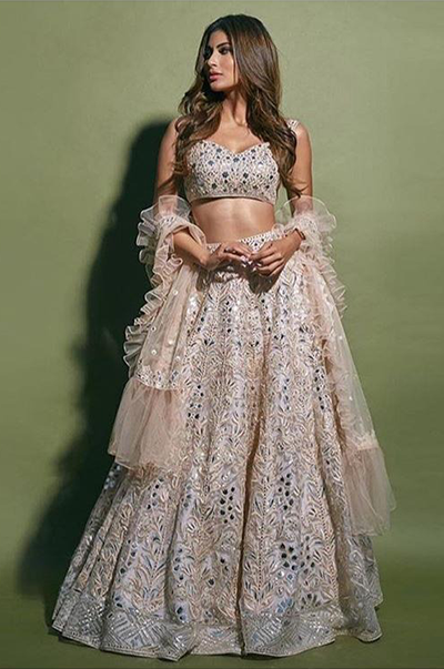 MOUNI ROY in Light Pink Heavy Foil Lehenga with Frill Dupatta