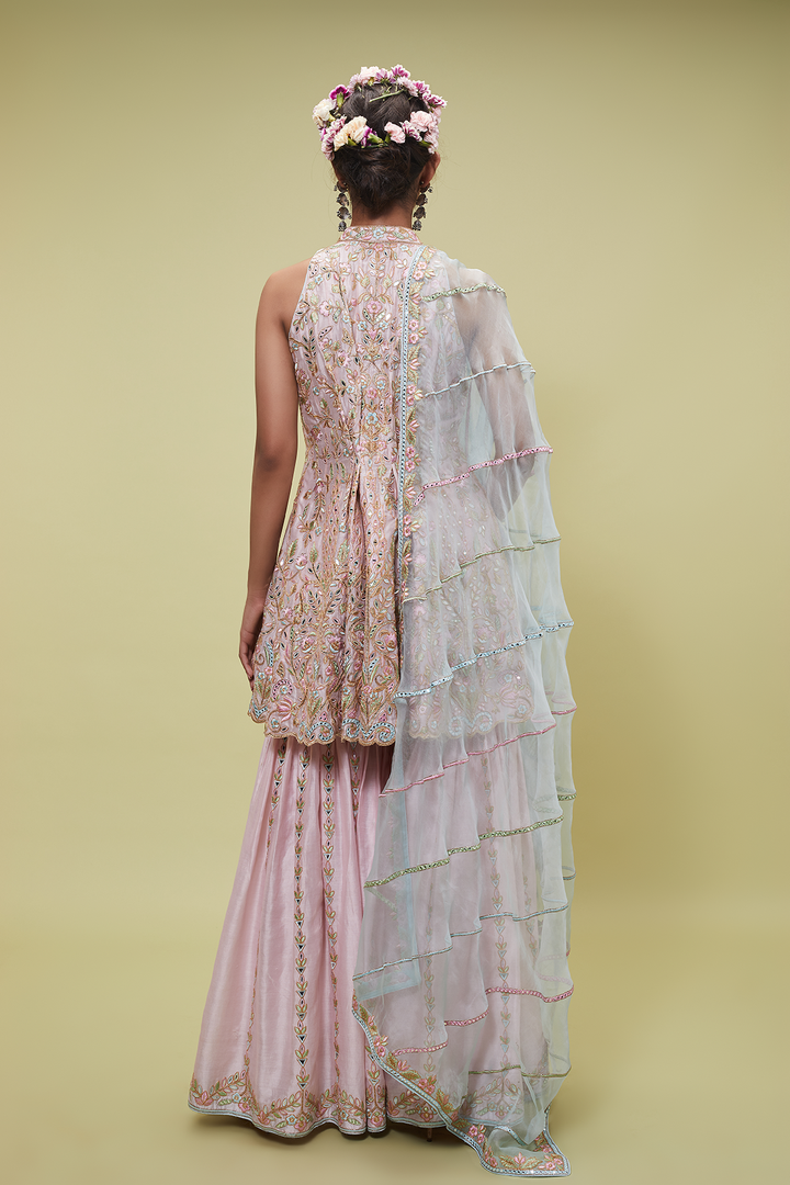PINK KALIDAAR PEPLUM STYLE KURTA WITH GHARARA BOTTOMS