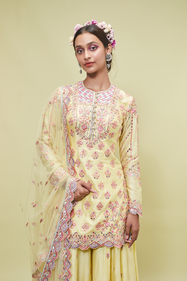 YELLOW RESHAM SHARARA SET