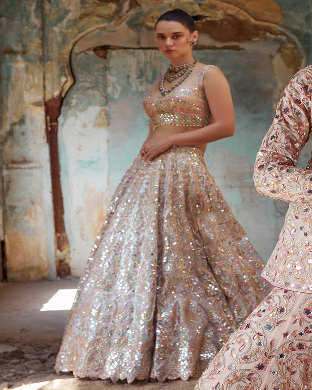 Ivory Net Foil Resham Embroidered Lehenga Set