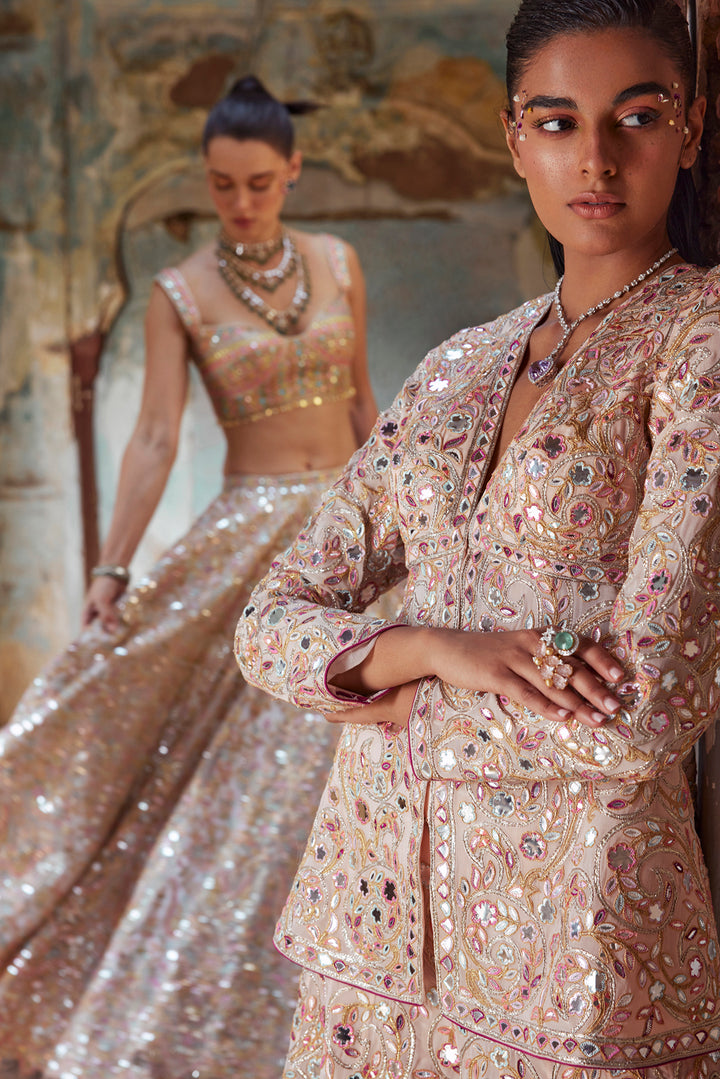 Peach Georgette Peplum Kurta and Sharara Set