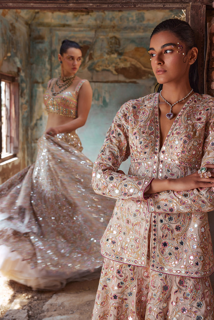 Peach Georgette Peplum Kurta and Sharara Set