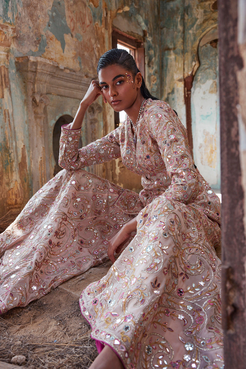 Peach Georgette Peplum Kurta And Sharara Set