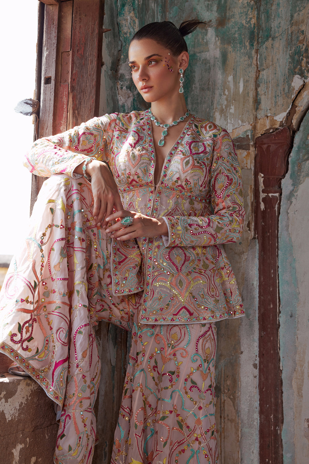 Light Pink Georgette Pelum Kurta And Sharara Set