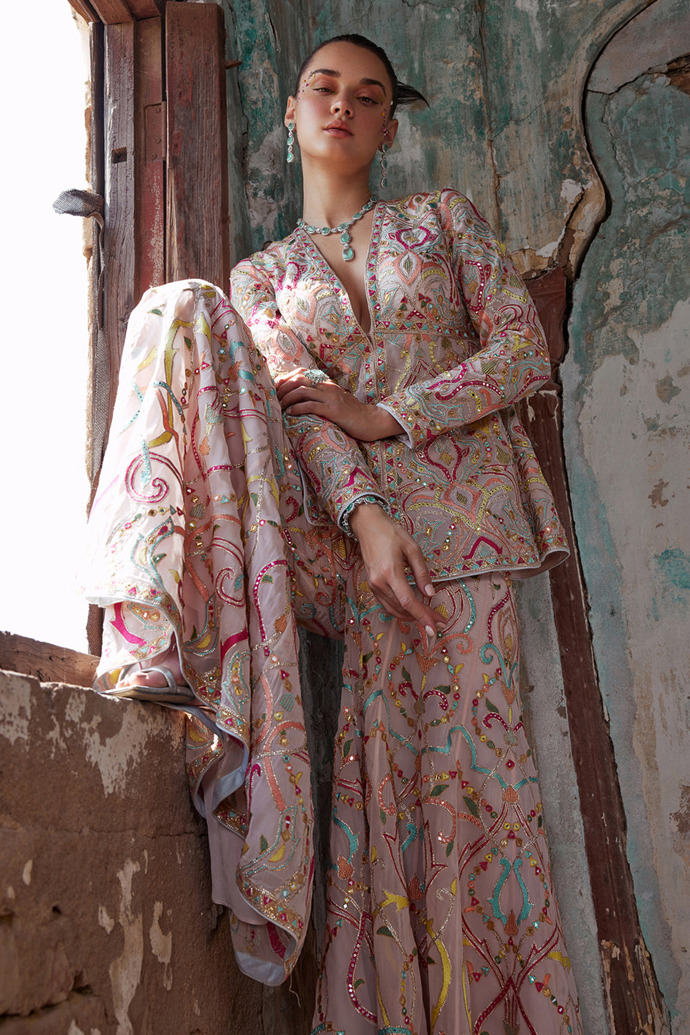 Light Pink Georgette Pelum Kurta And Sharara Set