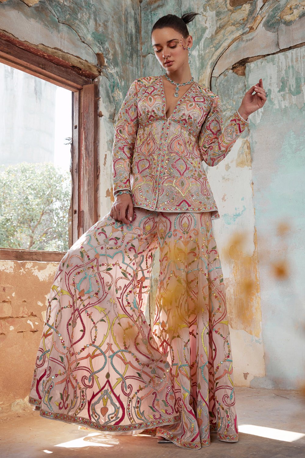 Light Pink Georgette Pelum Kurta And Sharara Set