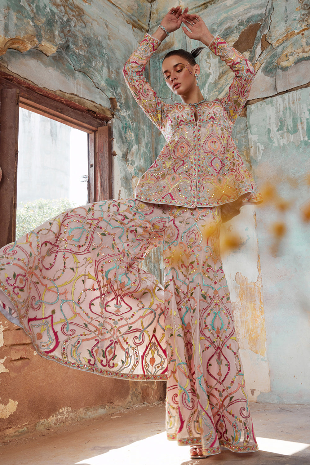 Light Pink Georgette Pelum Kurta And Sharara Set