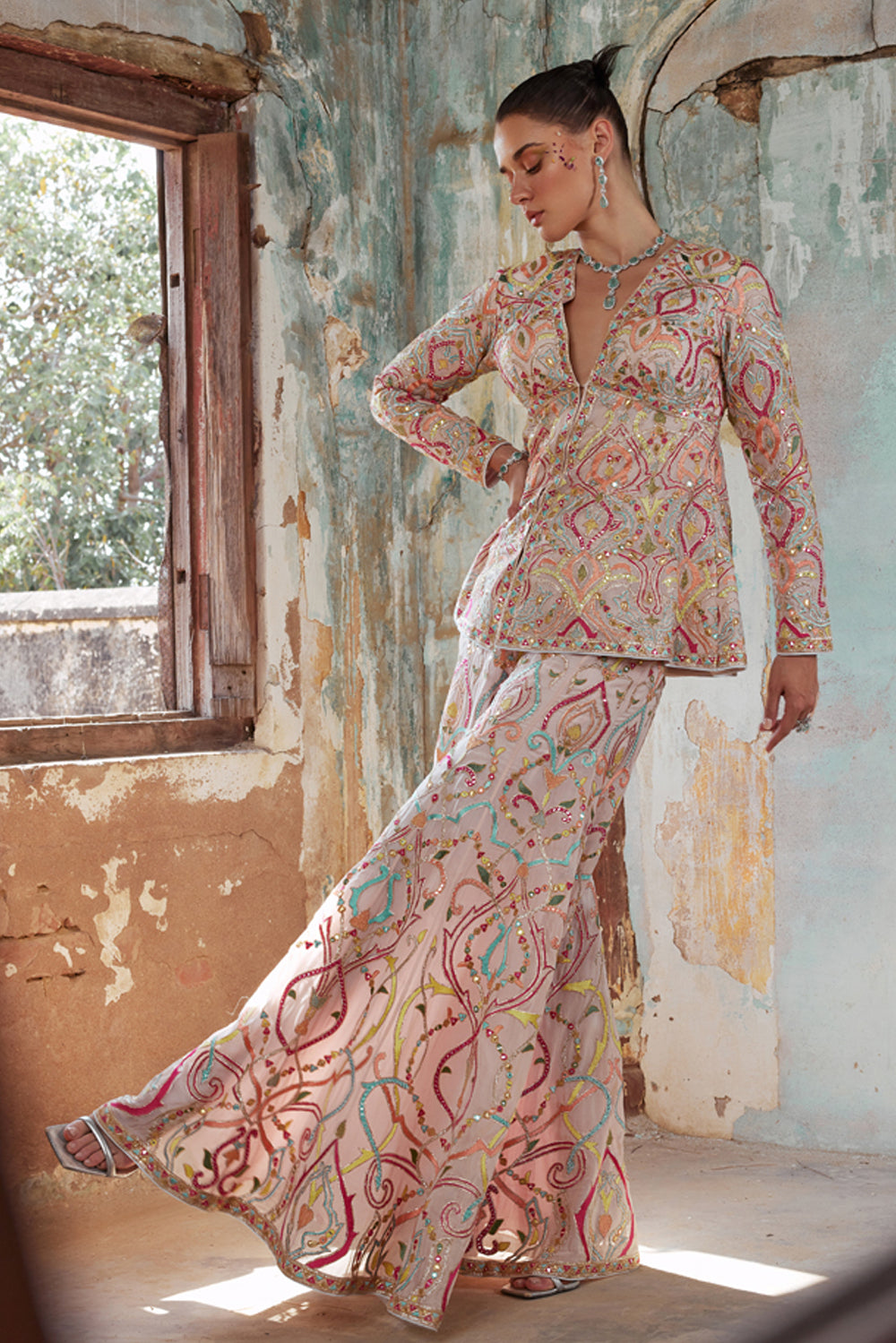 Light Pink Georgette Pelum Kurta And Sharara Set