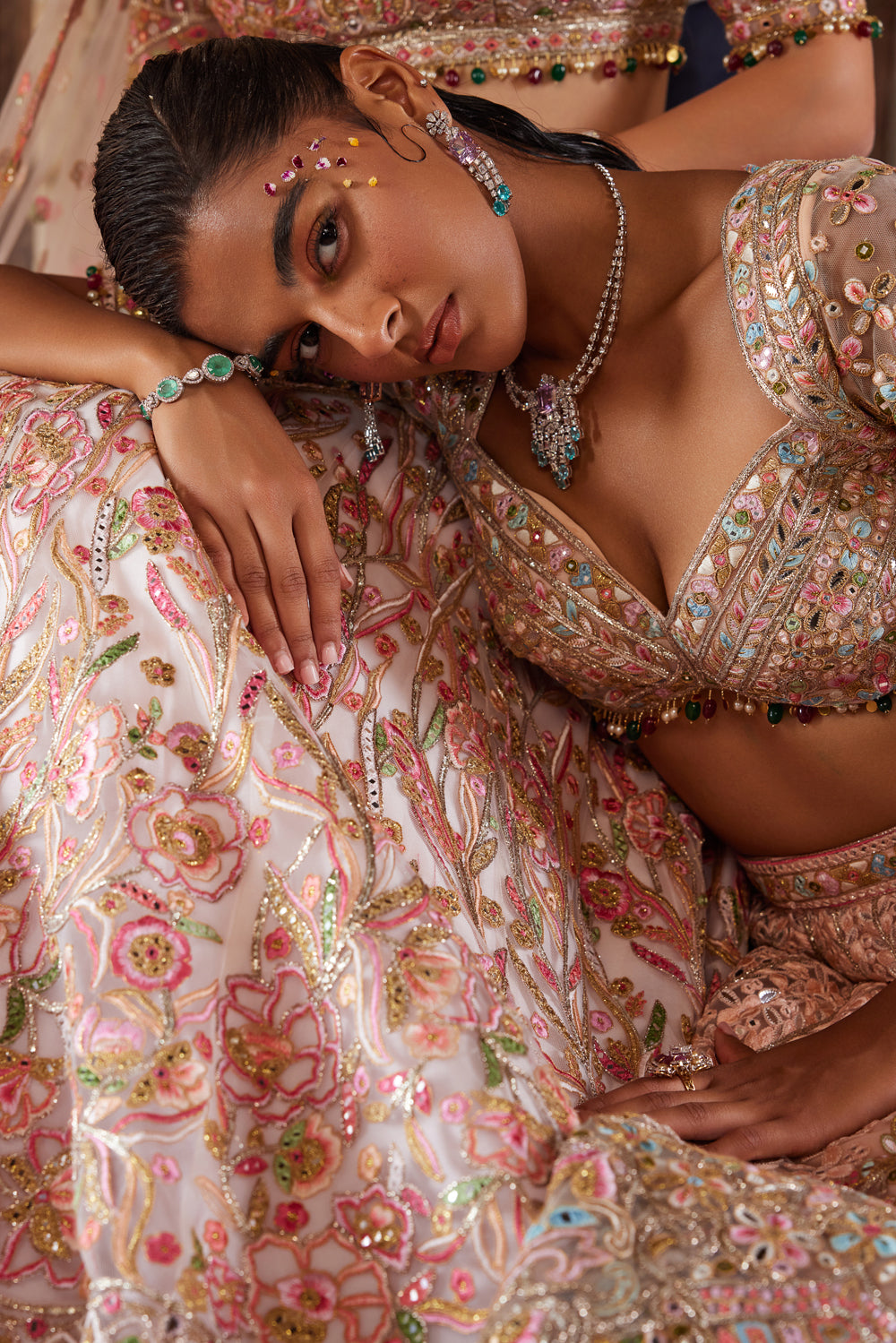 Peach Net Self And Multicolour Embroidered Lehenga Set