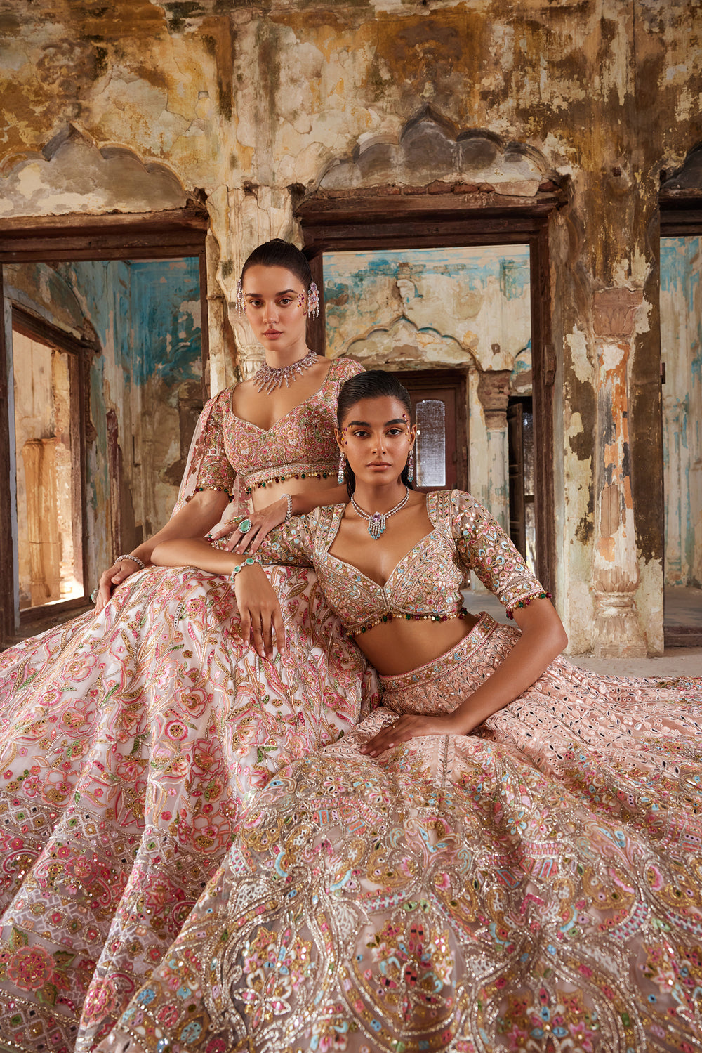 Peach Net Self And Multicolour Embroidered Lehenga Set
