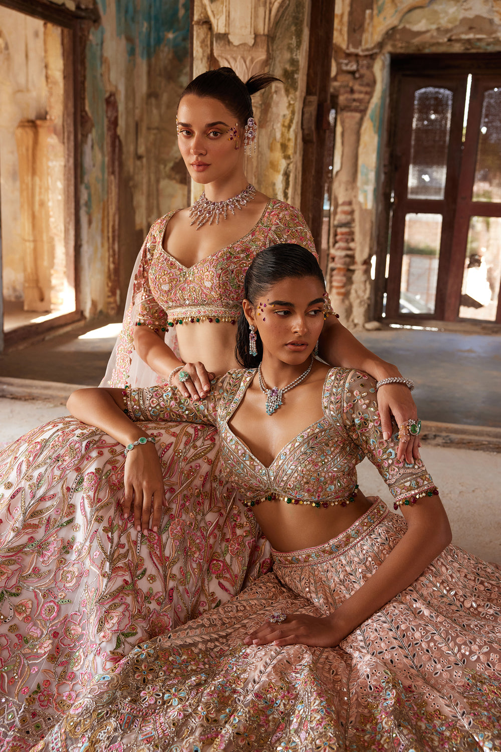 Peach Net Self And Multicolour Embroidered Lehenga Set