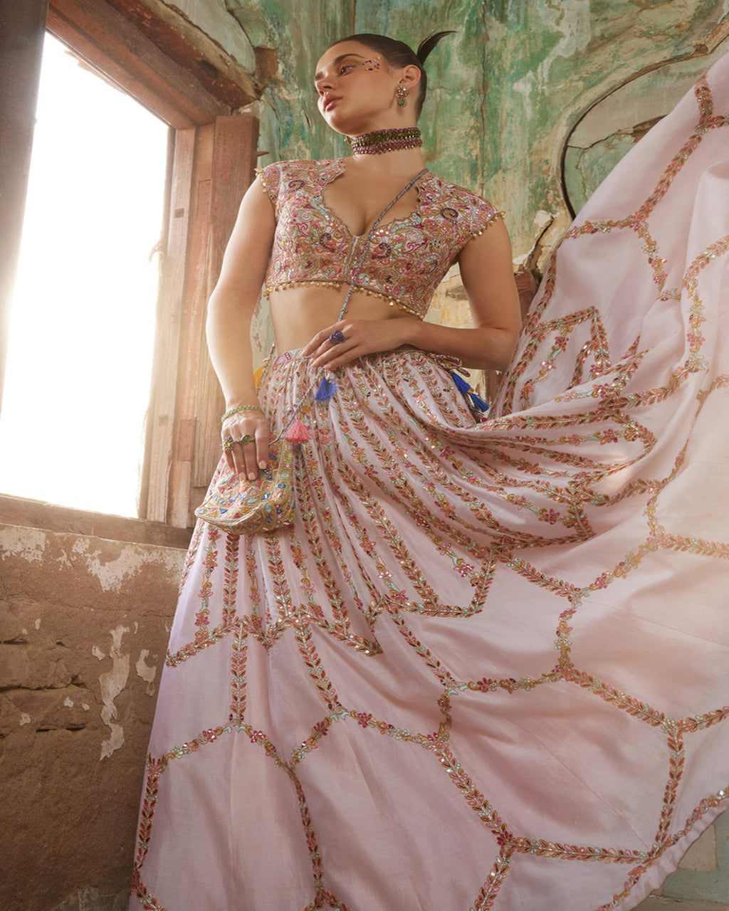 Light Pink Chanderi Skirt paired with Embroidered Blouse
