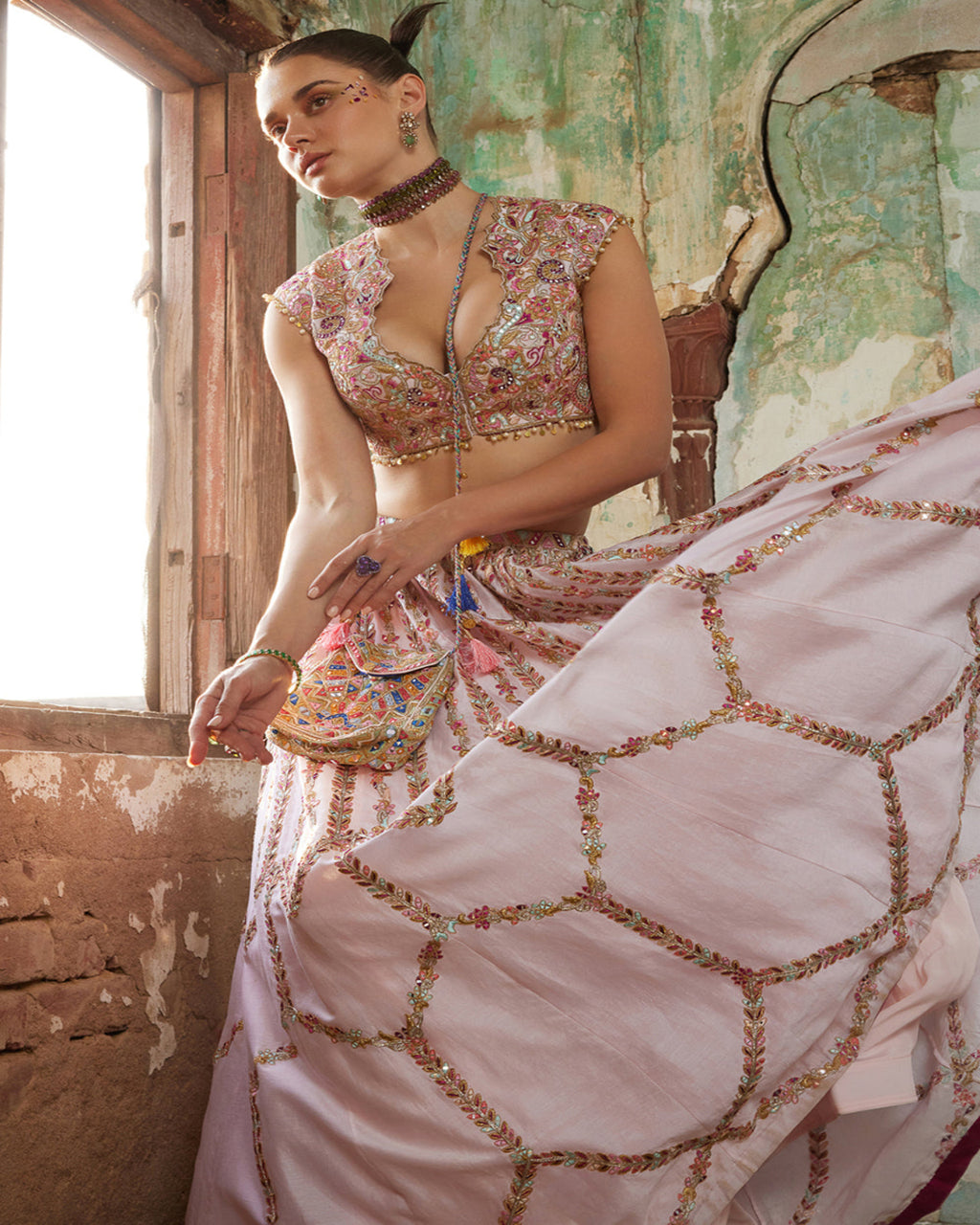 Light Pink Chanderi Skirt paired with Embroidered Blouse