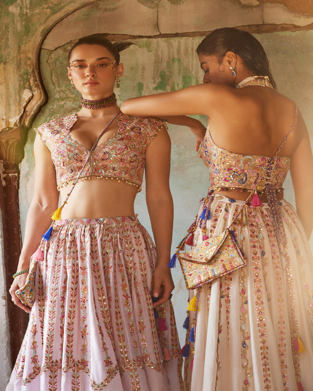 Light Pink Chanderi Skirt paired with Embroidered Blouse