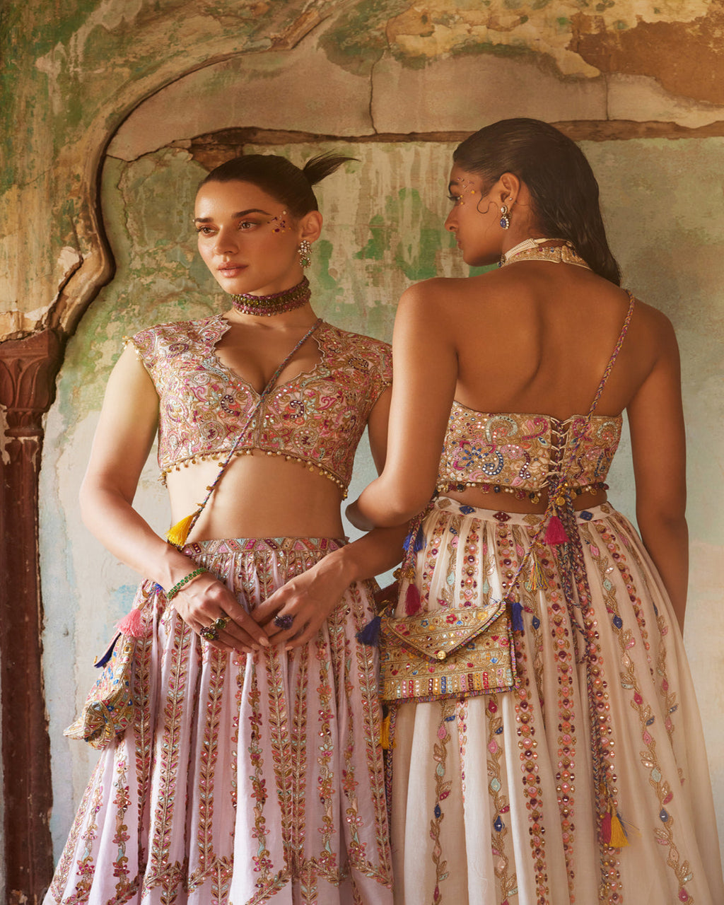 Light Pink Chanderi Skirt paired with Embroidered Blouse