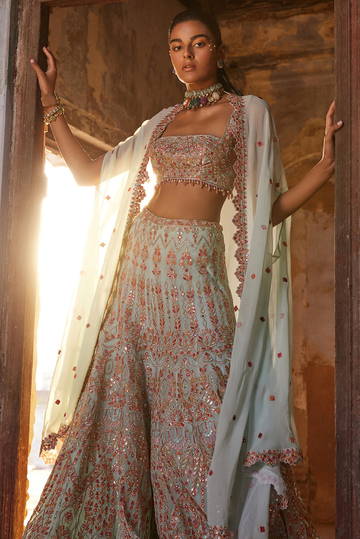 Blue Georgette High Waist Sharara And Cape Set