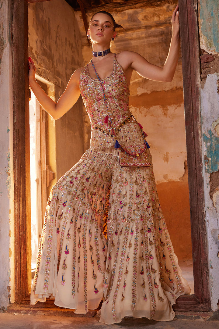 Ivory Georgette Embroidered High Waist Sharara Set