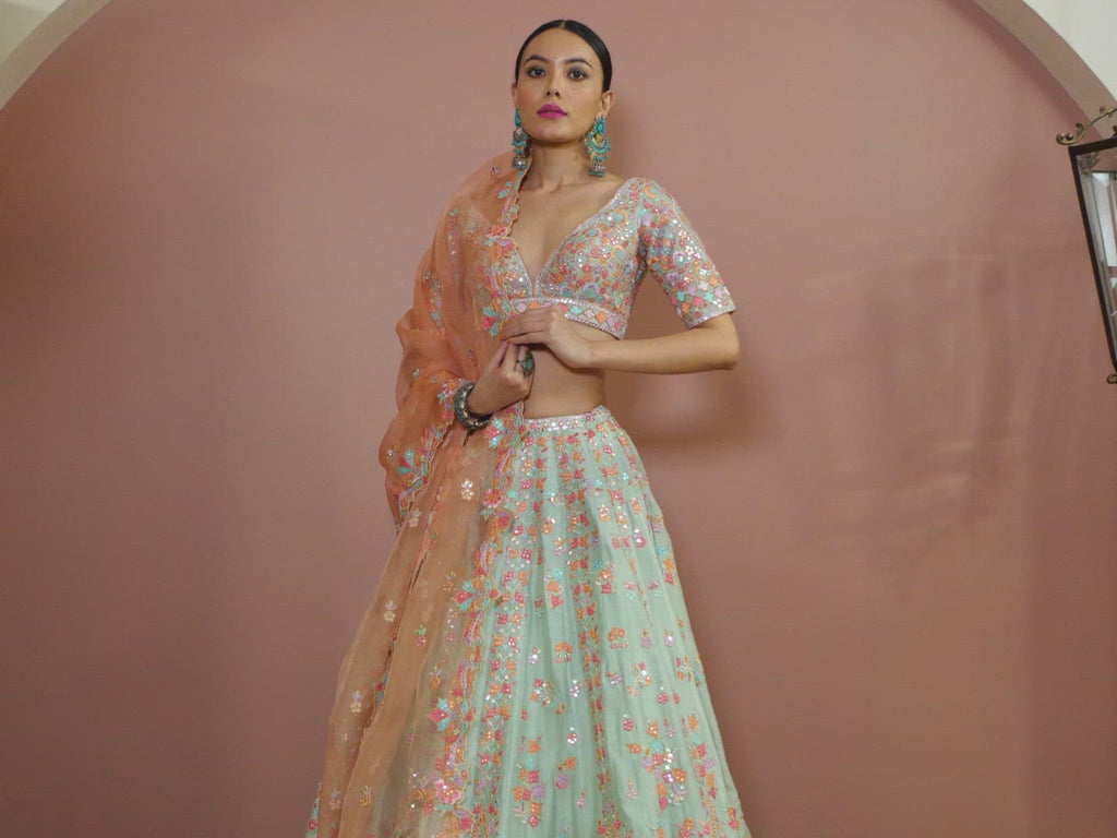 Blue Lehenga Set With Resham Foil Embroidery