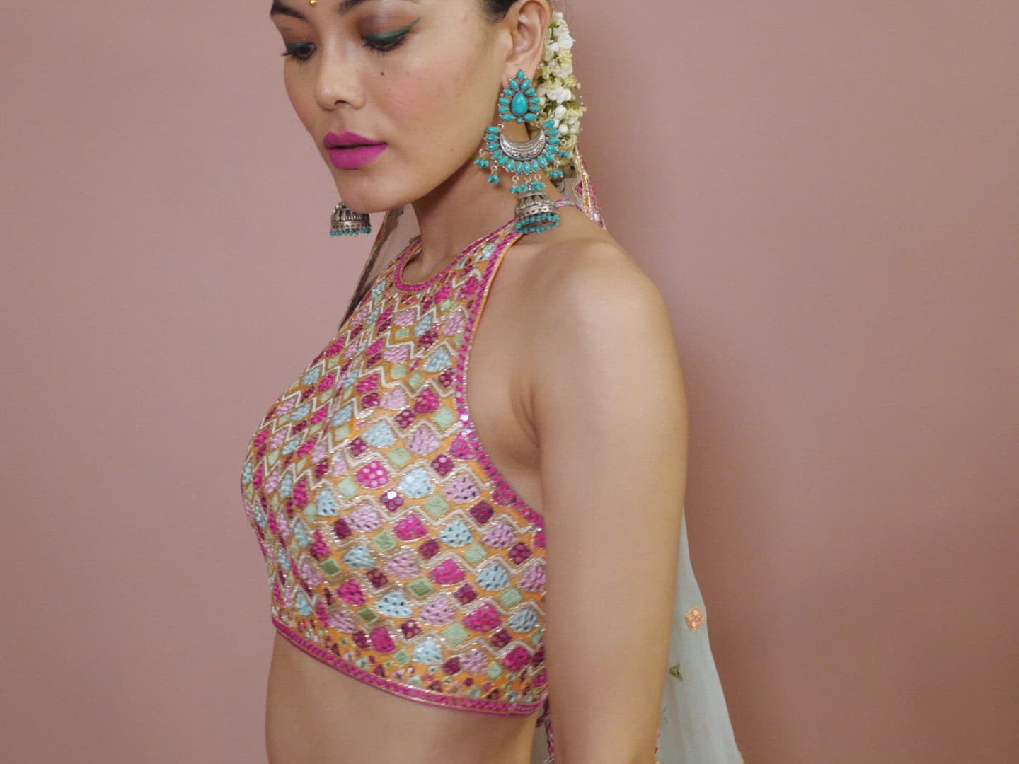 Tangerine Lehenga Set With Halter Blouse
