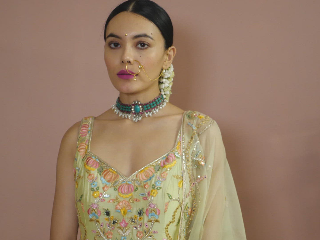 Green Kurta With Peach Gharara