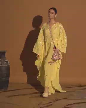 Yellow Foil And Resham Kaftan With A Belt