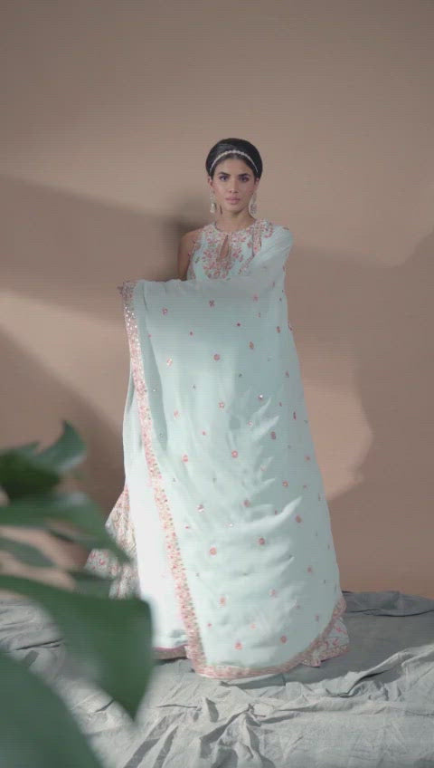 Blue Georgette Incut Kurta And Sharara Set