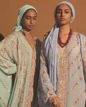 English Blue Cowl Georgette Kaftan With Mirror And Resham