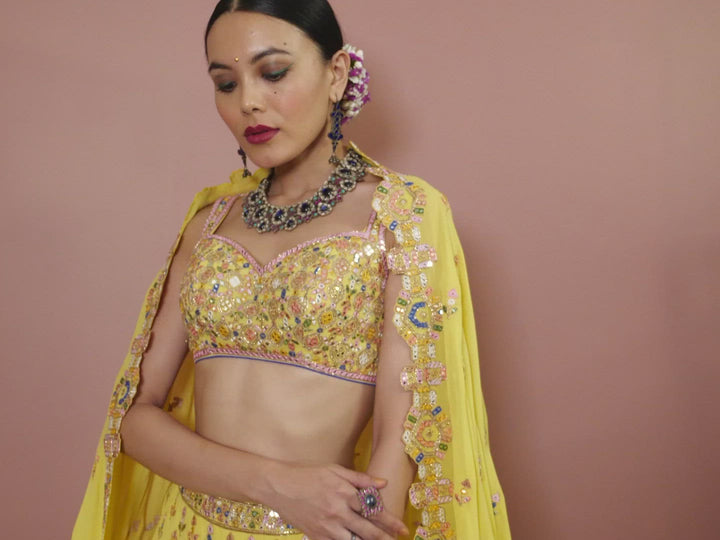 YELLOW GEORGETTE AZTEK LEHENGA