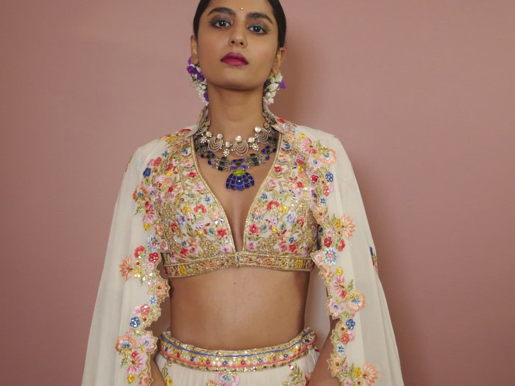 Ivory Georgette Floral Lehenga