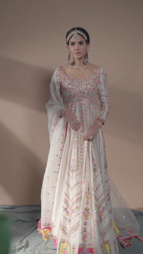 Ivory Georgette Anarkali With Patchwork