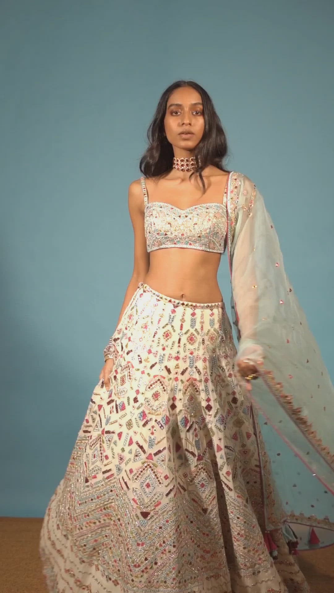 Ivory Georgette Multi Coloured Resham Lehenga Set