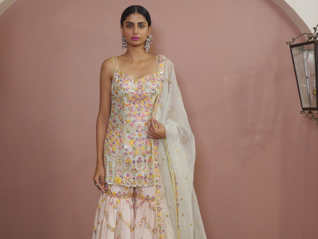 Blush Pink Chanderi Gharara With Foil, Resham Embroidery
