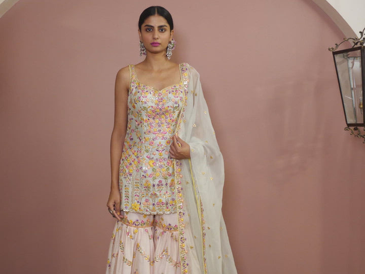 BLUSH PINK CHANDERI GHARARA WITH FOIL, RESHAM EMBROIDERY
