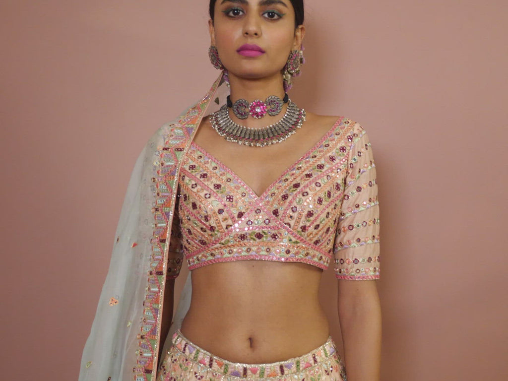 Blush Peach Heavily Embroidered Lehenga Set With Resham Mirror
