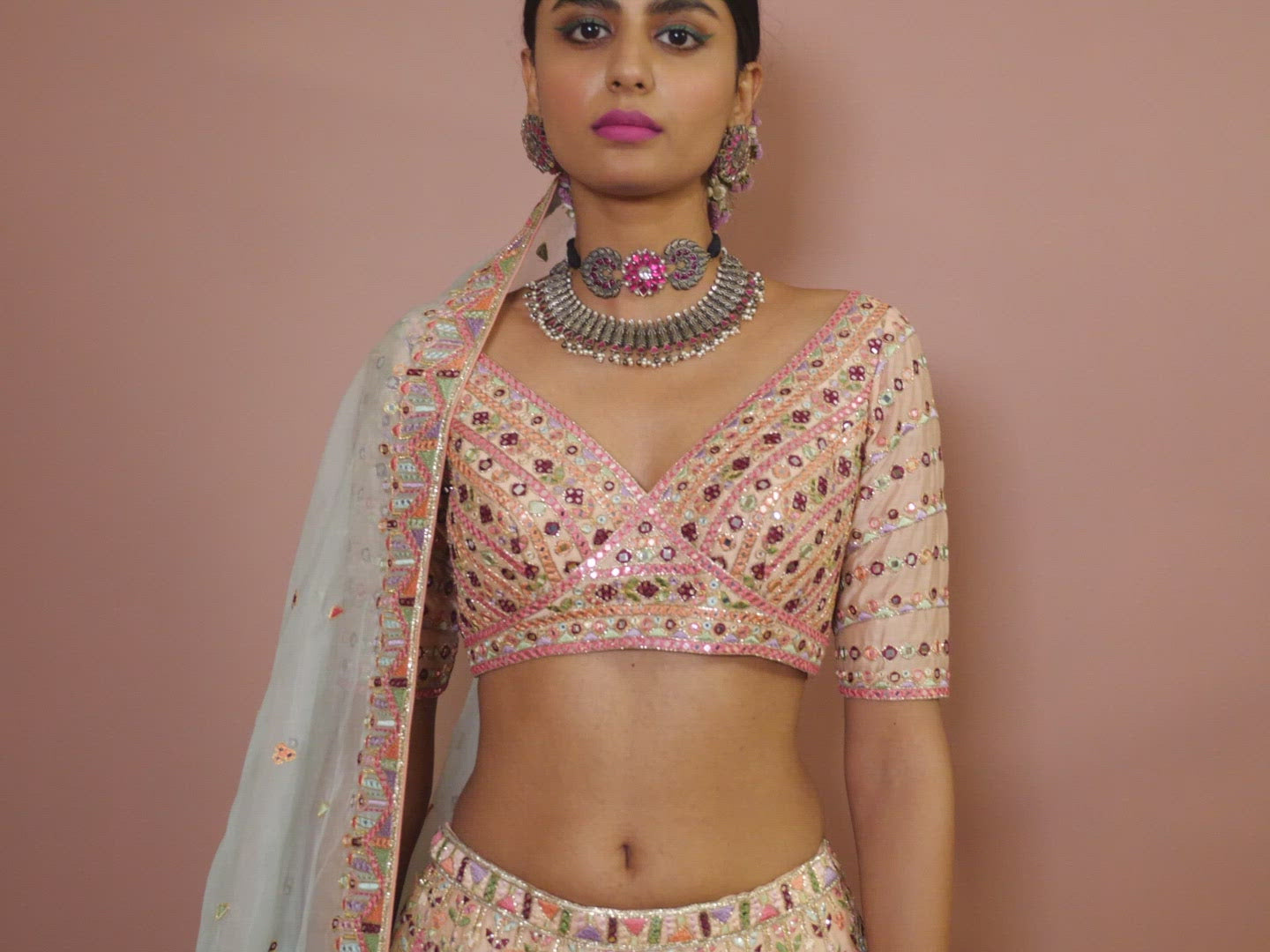 Blush Peach Heavily Embroidered Lehenga Set With Resham Mirror