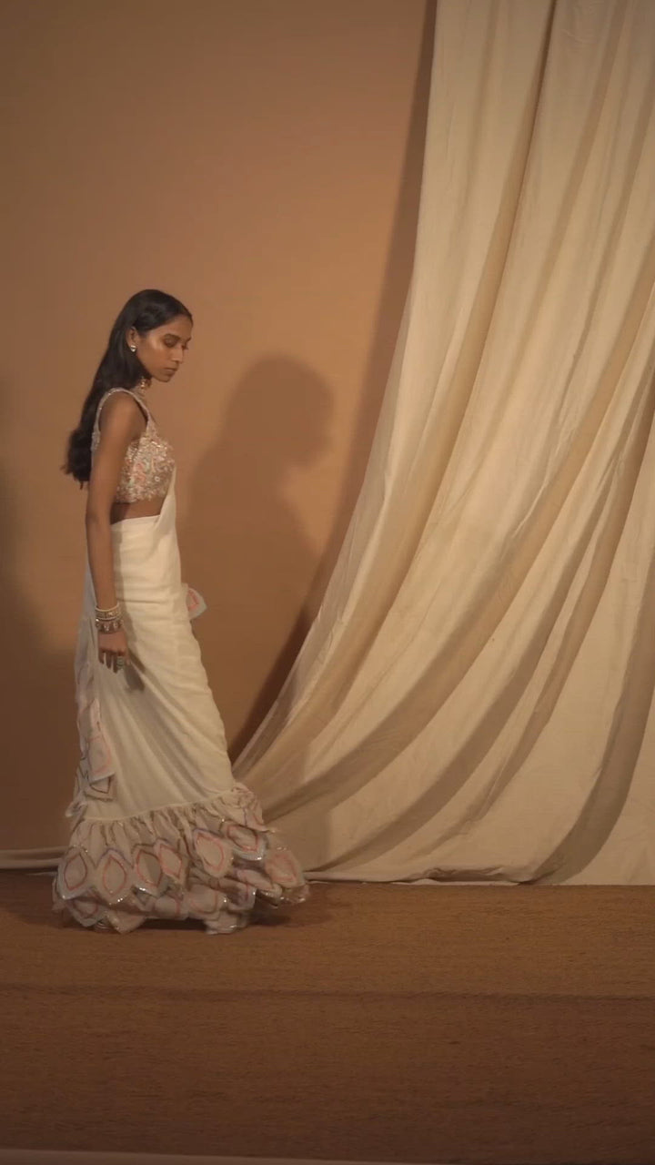 Ivory Cutwork Ruffle Saree Set