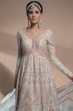 Green Georgette Anarkali With Blue Dupatta